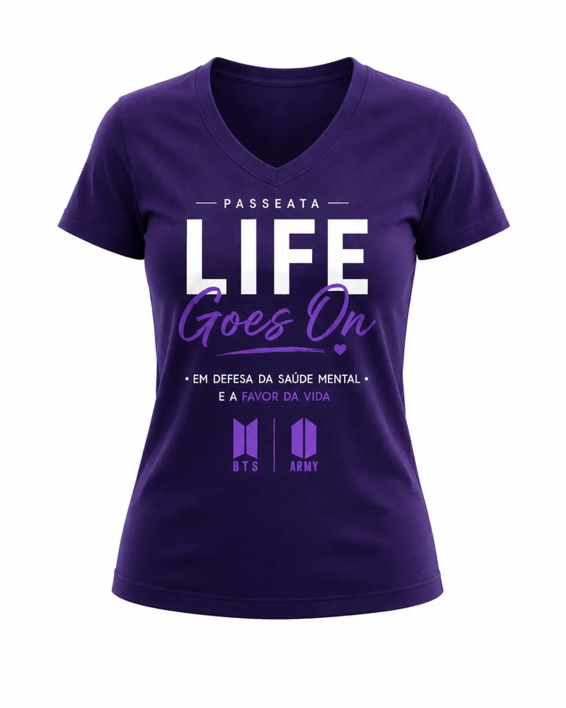 Parte da frente da camiseta roxa do projeto Life Goes On