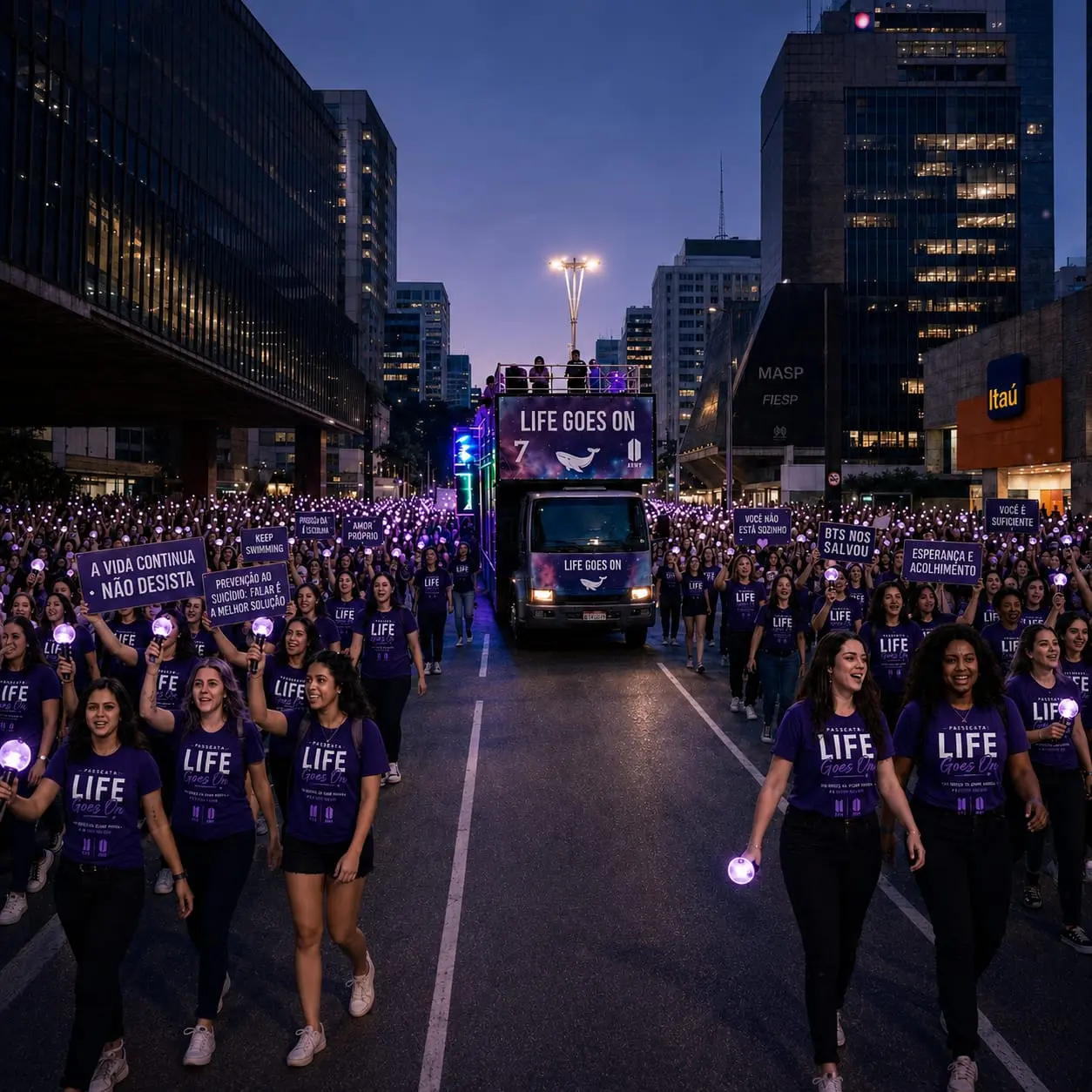 Representação visual da passeata Life Goes On acompanhada por um trio elétrico na Avenida Paulista